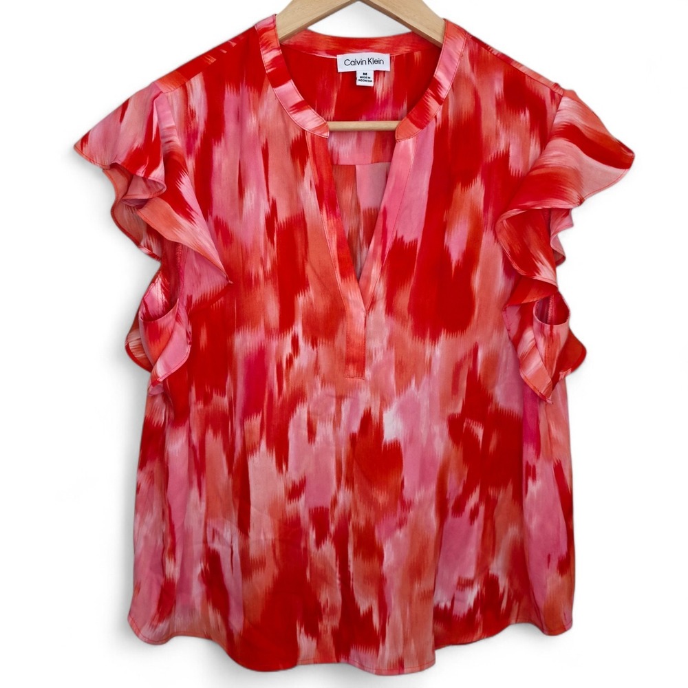 Calvin‎ Klein Top Womens Medium Pink V Neck Blouse Flutter Sleeve Semi Sheer